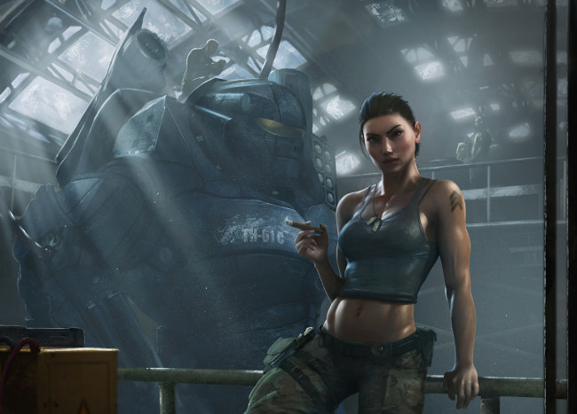 Обои картинки фото фэнтези, девушки, иной, мир, будущее, девушка, солдат, сигара, робот, механоид