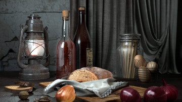 Картинка еда натюрморт лампа лук бутылки яйца