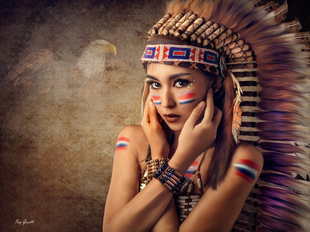 Обои картинки фото рисованное, люди, девушка, индеец, перья, живопись