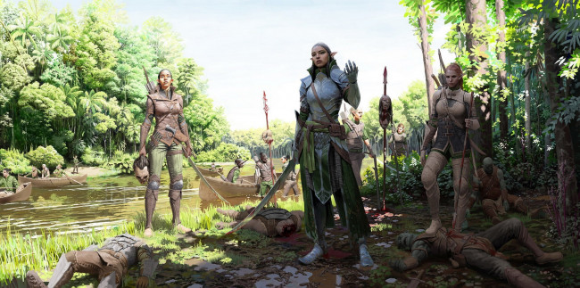 Обои картинки фото фэнтези, эльфы, эльф, победа, оружие, смерть, река