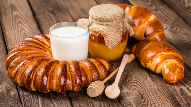 Обои картинки фото еда, разное, молоко, мед, булки, выпечка