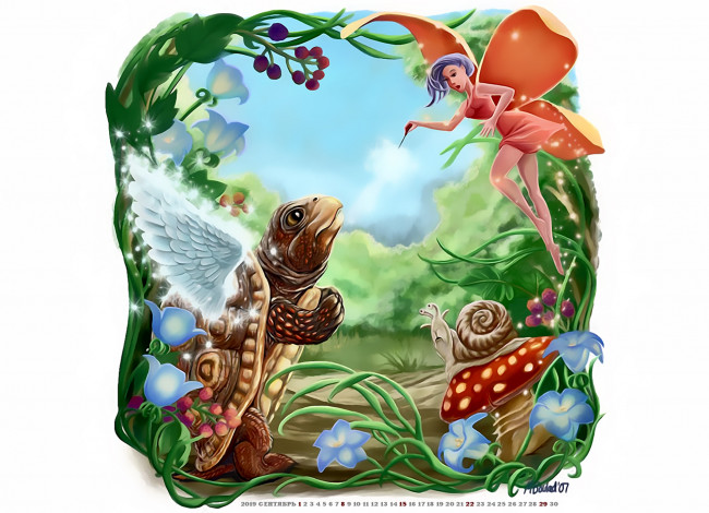Обои картинки фото календари, фэнтези, фея, крылья, 2019, calendar, улитка, цветы, существо