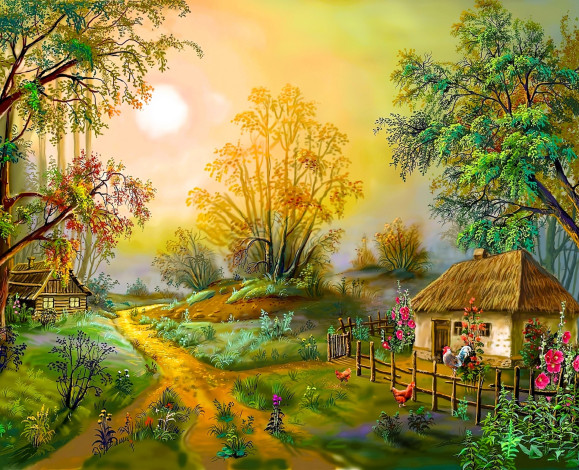Обои картинки фото виктор цыганов, рисованное, природа, дорожка, деревья, дома, куры