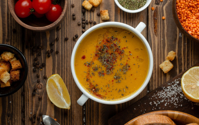 Обои картинки фото еда, первые блюда, чечевица, суп, лимон