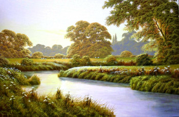 обоя autumn, сoming, рисованные, terry, grundy, пейзаж, река, цветы