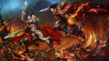 Картинка видео игры perfect world genesis парни битва оружие меч огонь лава череп магия