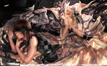 Картинка фэнтези люди xilveroxas парень повязка девушка ангел крылья банты поиск