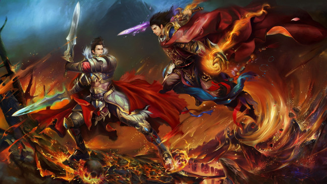 Обои картинки фото видео, игры, perfect, world, genesis, парни, битва, оружие, меч, огонь, лава, череп, магия