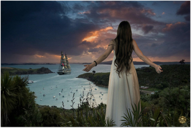 Обои картинки фото фэнтези, девушки, море, парусник, девушка