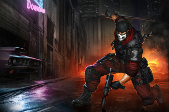 Картинка фэнтези люди оружие поза огонь улица взгляд арт маска