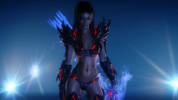 Картинка 3д+графика фантазия+ fantasy взгляд доспехи фон оружие синий девушка