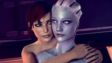 Картинка видео+игры mass+effect обьятия рыжая shepard mass effect лицо liara t'soni asari