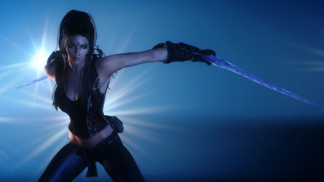 Обои картинки фото 3д графика, фантазия , fantasy, доспехи, фон, оружие, взгляд, девушка