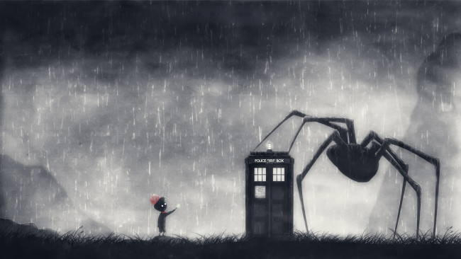 Обои картинки фото фэнтези, другое, арт, фонарь, дверь, паук, мальчик, limbo