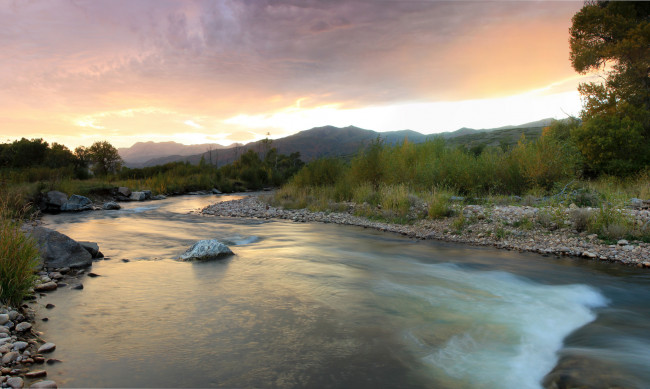 Обои картинки фото природа, реки, озера, вечер, река, холмы