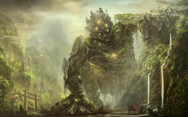 Обои картинки фото фэнтези, существа, арт, фантастика, лошадь, копье, человек, титан, природа