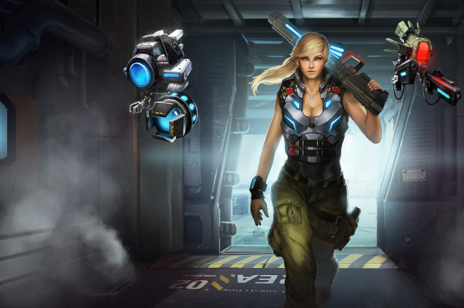 Обои картинки фото фэнтези, девушки, арт, gemini, роботы, оружие, взгляд, девушка, фантастика