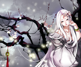 Картинка аниме unknown +другое ветки цветы девушка