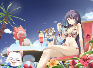 Картинка аниме животные +существа небо лето пляж арт shironeko project девушки пальма цветы котёнок кот десерт