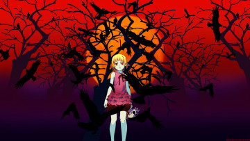 Картинка аниме bakemonogatari kuzakawe maron луна ветки дерево ночь девушка арт character tagme вороны птицы