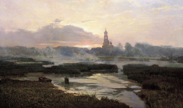 Картинка утро+серафимо-дивеевской+лавры рисованное александр+афонин озеро лодка колокольня рассвет туман трава облака небо