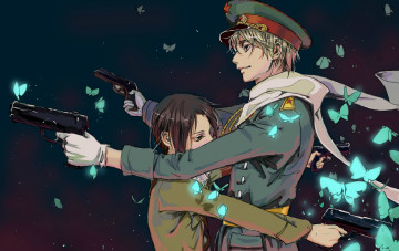 Картинка аниме hetalia +axis+powers военная форма погоны бабочки звезда russia axis powers china пистолет фуражка