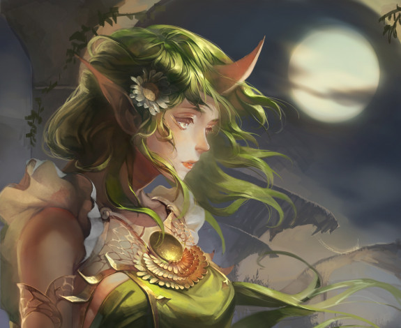 Обои картинки фото фэнтези, демоны, луна, девушка, арт, soraka