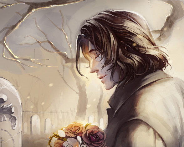 Обои картинки фото разное, арты, могила, парень, арт, букет, цветы, мужчина