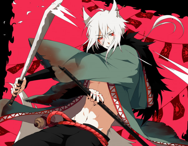 Обои картинки фото аниме, животные,  существа, меч, парень, арт