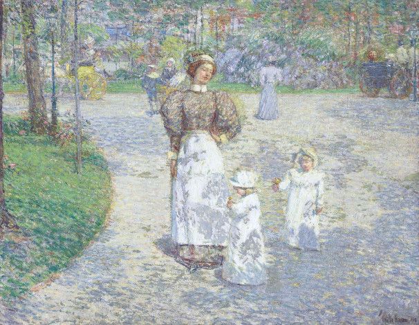 Обои картинки фото spring in central park, рисованное, frederick childe hassam, дамы, дети, деревья, дорожки, парк