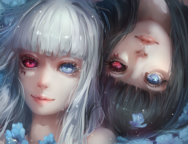 Обои картинки фото аниме, tokyo ghoul, арт, yuiko, yuiko33miao, tokyo, ghoul, nashiro, yasuhisa, kurona, девушки, гетерохромия, цветы