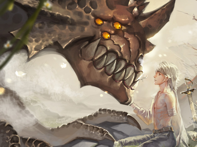 Обои картинки фото фэнтези, драконы, морда, дракон, парень, арт