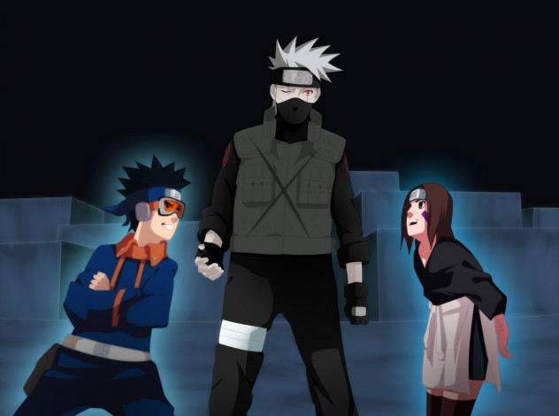 Обои картинки фото аниме, naruto, арт, манга, какаши, рин, обито