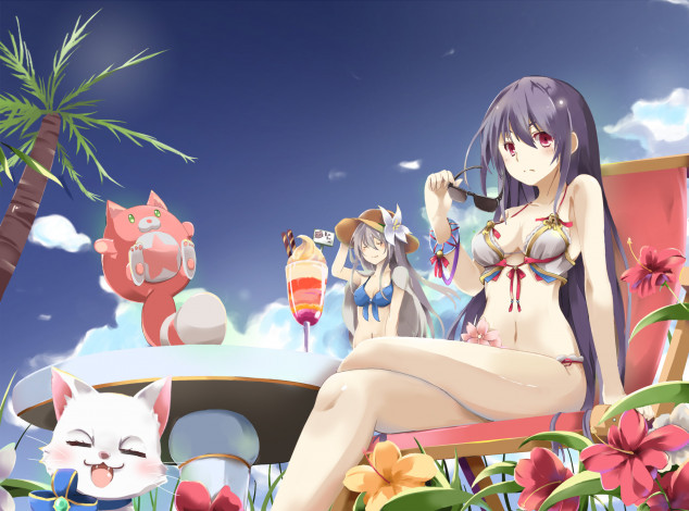 Обои картинки фото аниме, животные,  существа, небо, лето, пляж, арт, shironeko, project, девушки, пальма, цветы, котёнок, кот, десерт