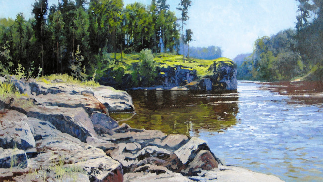 Обои картинки фото бухта дивная, рисованное, александр афонин, лес, деревья, берега, камни, вода