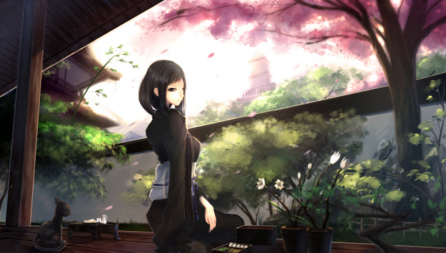 Обои картинки фото аниме, kikivi , artbook, кот, девушка, арт, kikivi