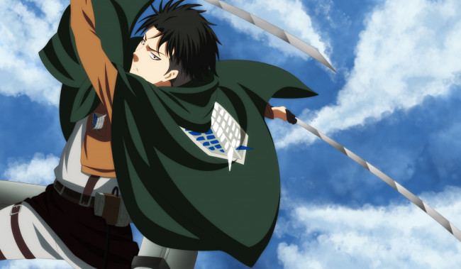 Обои картинки фото аниме, shingeki no kyojin, леви, атака, титанов