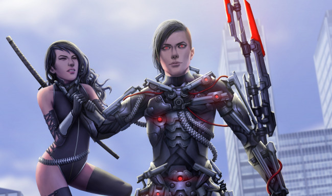 Обои картинки фото фэнтези, роботы,  киборги,  механизмы, cyberpunk, cyborg, душит, девушка