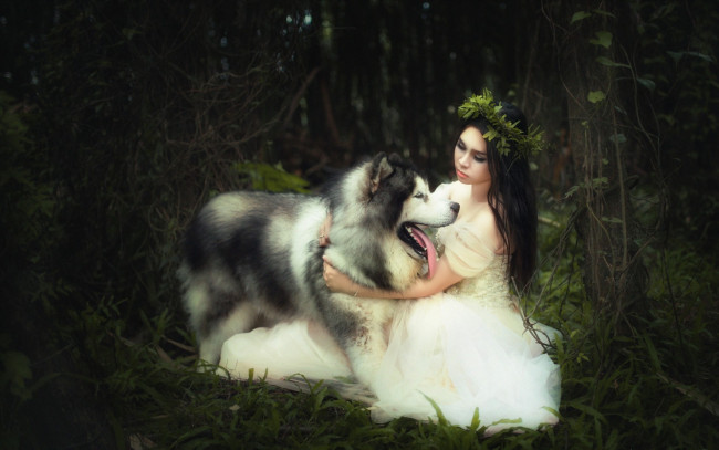 Обои картинки фото девушки, -unsort , брюнетки,  шатенки, собака, девушка, фон