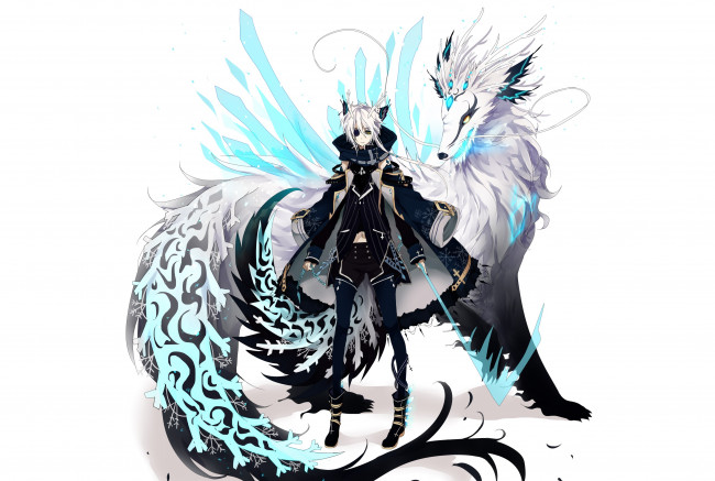 Обои картинки фото аниме, животные,  существа, зверь, парень, арт