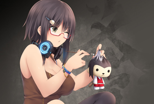 Обои картинки фото аниме, музыка, наушники, игрушка, девушка, арт, kopianget