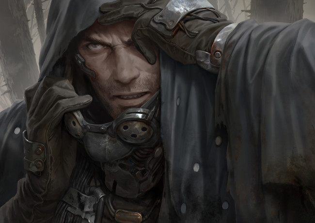 Обои картинки фото фэнтези, люди, мужчина, взгляд, лицо, очки, капюшон, плащ, фантастика