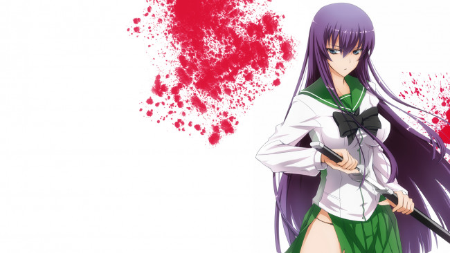 Обои картинки фото аниме, highschool of the dead, девушка, меч, кровь, брызги, школьница