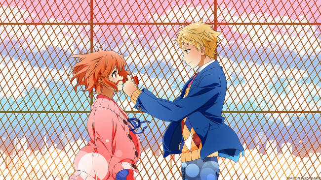 Обои картинки фото kyoukai no kanata, аниме, девушка, парень, фон, взгляд
