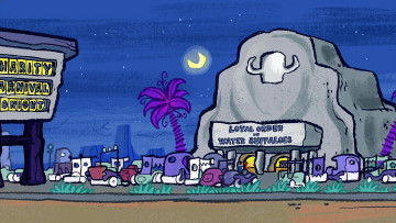 Картинка рисованное города здание машина пальма луна