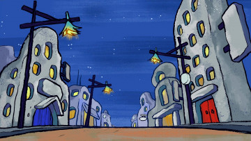 Картинка рисованное города здание ночь фонарь дорога