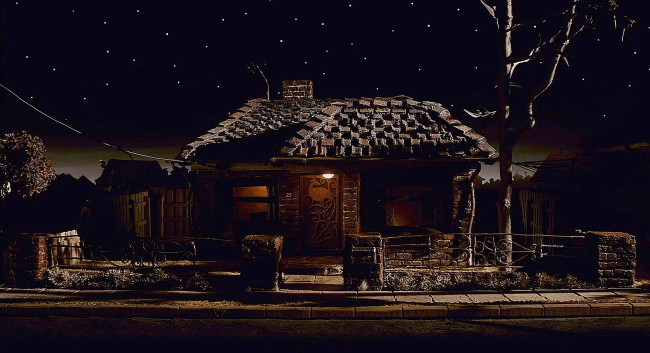 Обои картинки фото рисованное, города, дорога, забор, дом, дерево, ночь