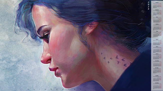 Обои картинки фото календари, рисованные,  векторная графика, птица, тату, лицо, профиль