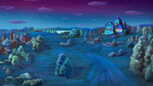 Обои картинки фото рисованное, города, дворец, природа, ночь, изба, растения