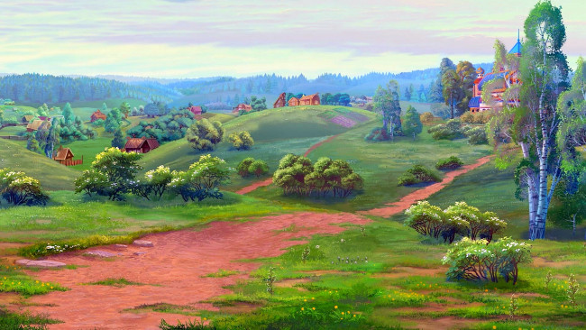 Обои картинки фото рисованное, природа, растения, дорога, изба